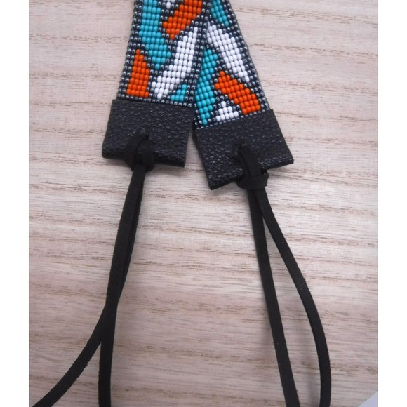 Loom Beaded Bracelet Orange, White & Teal w/ Vegan Leather - Picture 4 of 4